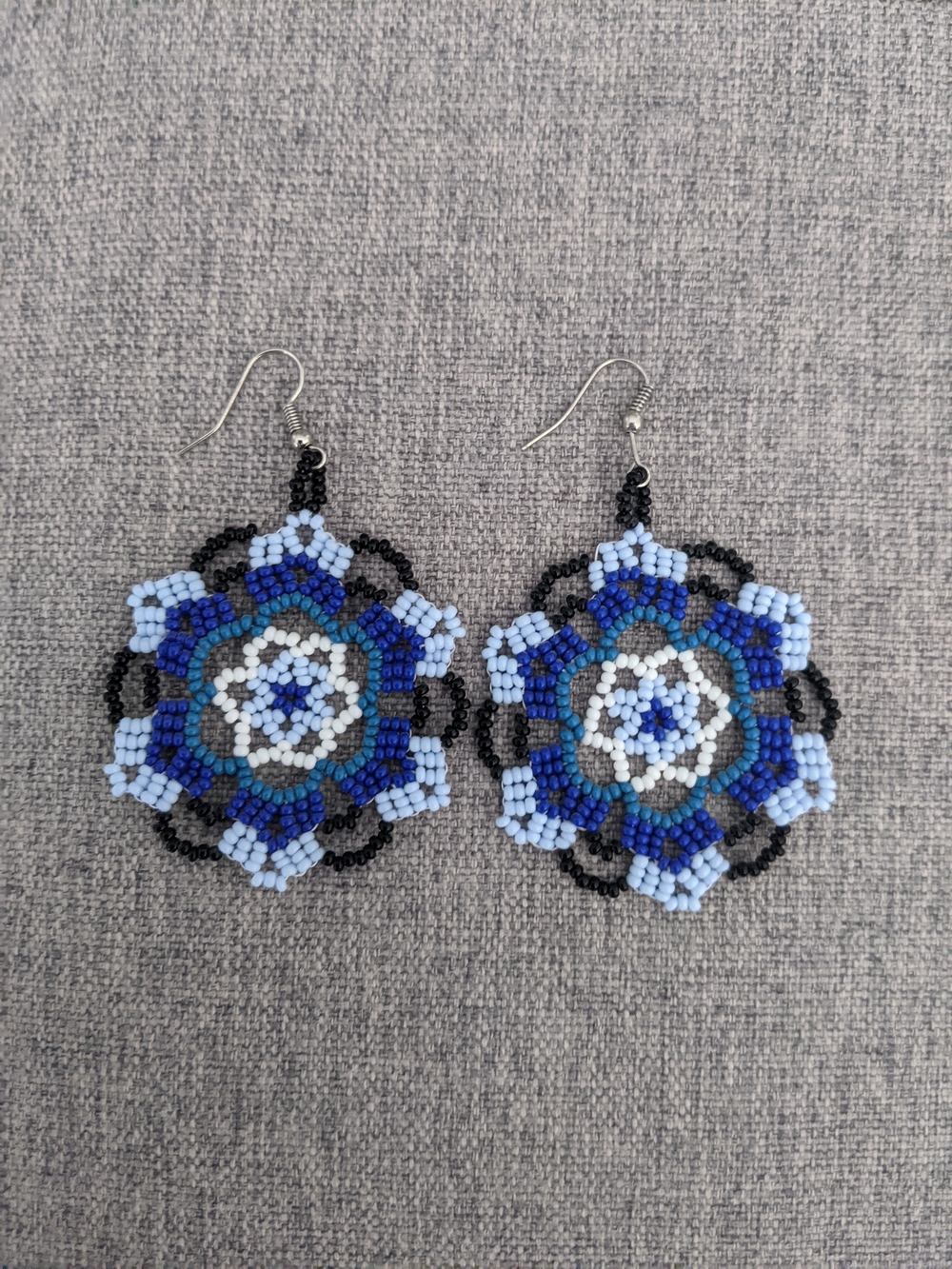 Handmade Blue Floral Seed Bead Drop Earrings - Women Jewelry - Picture 1 of 4